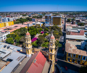 Piura, Peru: aerial drone view of the main square and the cathedral church of the city