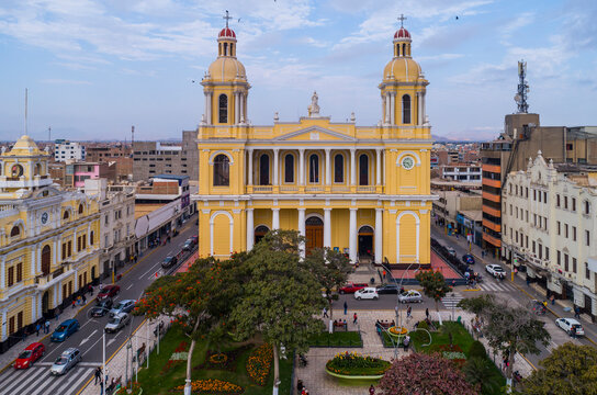 Chiclayo, Peru: Aerial drone view of the Chiclayo main square and cathedral church