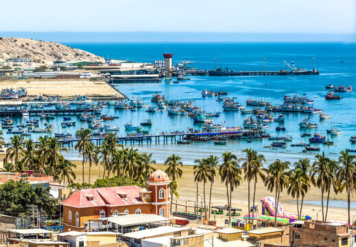 Paita, Piura, Peru: Aerial panoramic drone view of the Paita town and harbor