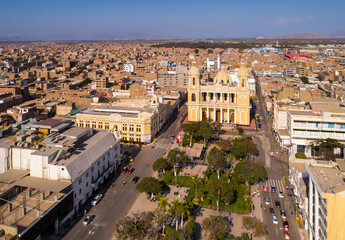 Fototapeta na wymiar Chiclayo, Peru: Aerial drone view of the Chiclayo main square and cathedral church