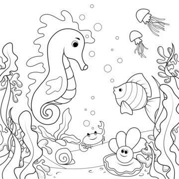 Children coloring, seabed and its inhabitants. Black lines, white background.