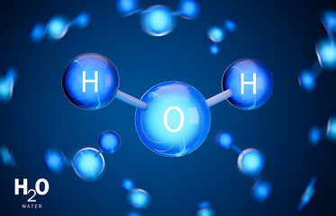 3D model of water (H2O) molecule. Two atoms of hydrogen and one atom of oxygen. 3D rendering. - obrazy, fototapety, plakaty