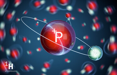 3D model of hydrogen (1H) molecule. The most common isotope of hydrogen is protium (1H), which has an atom with the simplest possible structure - it consists of one proton and one electron. 3D renderi