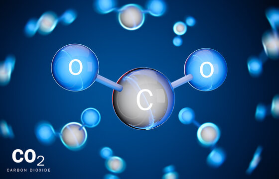 3D model of carbon dioxide (CO2) molecule. Two atoms of oxygen and one atom of carbon. 3D rendering.