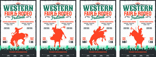Four (4) rodeo event posters. Each has a different silhouette. A saddle bronc rider, a bareback rider, and 2 bull riders. - obrazy, fototapety, plakaty