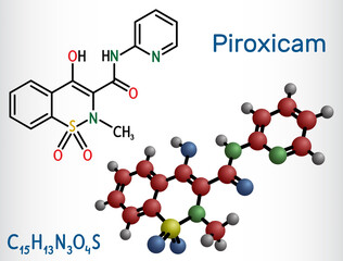 Piroxicam, piroksikam molecule. It is nonsteroidal anti-inflammatory drug NSAID, used to treat osteoarthritis and rheumatoid arthritis. Structural chemical formula, molecule model