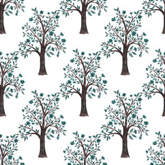 Fototapeta na wymiar Watercolor seamless pattern with blooming spring trees. Hand drawn abstract landscape background. Beautiful spring print for any kind of a design. 