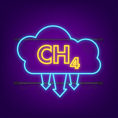 Methane, CH4 gas emissions reduction neon icon. Main component of fossil natural gas. Vector stock illustration.