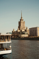 MOSCOW, RUSSIA - APRIL 18, 2022: Moscow High-rise is the former Ukraine Hotel on the Moskva River. Cityscape Moscow, Russia. High quality photo