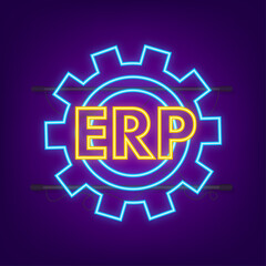 ERP Enterprise resource planning neon. Industry production. Productivity and company enhancement. Vector stock illustration.