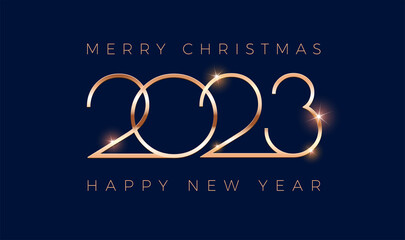 2023 Happy New Year Merry Christmas Luxury background greeting card - golden shine 2023 lettering on dark blue background - vector