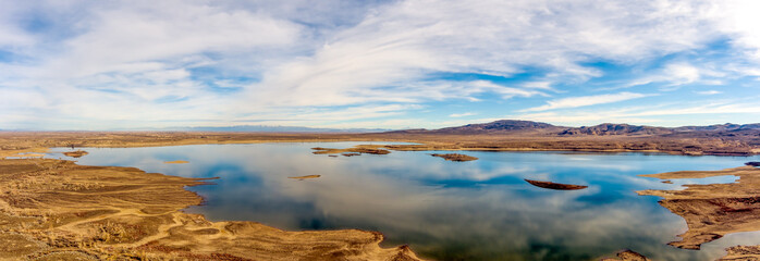 Aerial panoramic view of Lake Lahontan Reservoir located on Highway 50 near Silver Springs east of Reno Nevada during a drought.