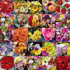 Collage of colorful grocery store flower bouquets.