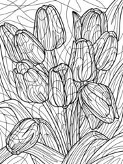 Flowers tulips. Coloring book antistress for children and adults. Zen-tangle style.