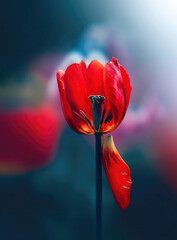 Close up of single red dying tulip with a petal falling off and hanging. Dreamy scene with magical...