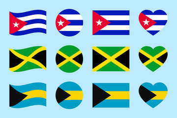 Cuba, Jamaica, The Bahamas flags vector illustration. The Caribbean countries official symbols collection. Simple geometric shapes for travel designs. Isolated tradition states icons in a flat style