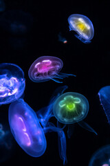 Low key jellyfish in sea saltwater aquarium ocean life, color photography with space for text