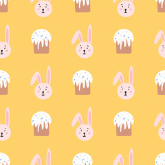 Easter bunny and Easter cake cute seamless pattern. Happy Easter concept. Vector illustration for the design of fabric, gift paper, children s clothing, textiles, cards