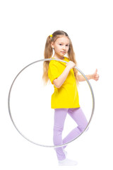 Little cute girl with hula hoop. Isolated on white background.