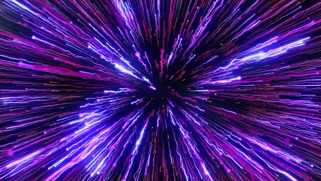 Abstract purple star explosion in outer space, seamless loop. Motion. 3D curved rays flying into all the sides on a black background.