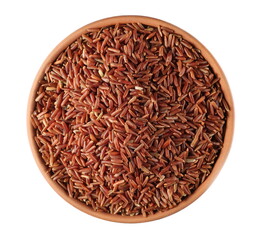 Fototapeta na wymiar Red wild rice pile in clay pot isolated on white, top view