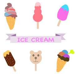 Ice cream vector icons set, different ice cream icons on white background: Vanilla, chocolate, strawberry cut out.