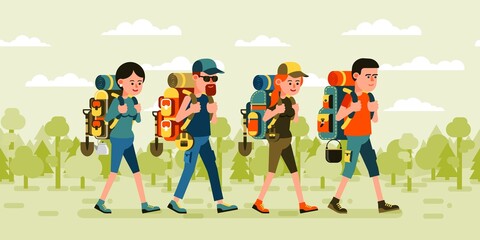 Hikers man and woman with backpacks on forest background. People on a hike. Vector cartoon image.