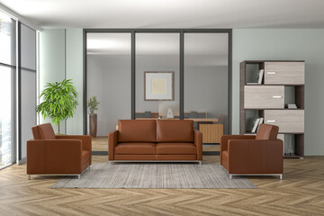 3D Render Office Room decoration . office furniture in office interior . front view 