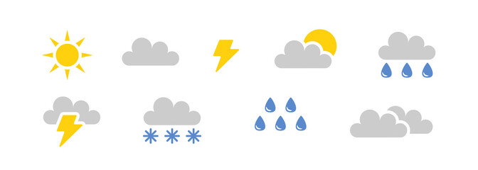 Weather forecast icons set. Vector clipart isolated on transparent background.