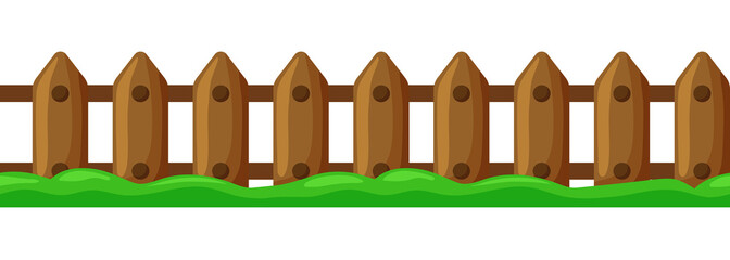 Fence and grass seamless border. Vector clipart isolated on white background.