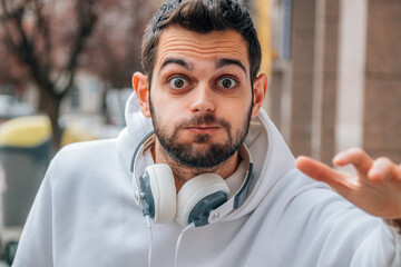 man in the street with expression of astonishment or surprise