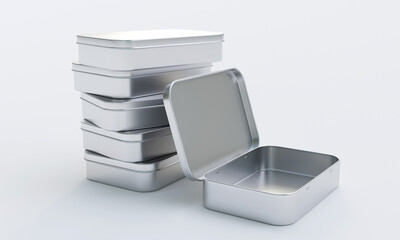 3D rendering of square shaped Hinged Tin box on white background. 