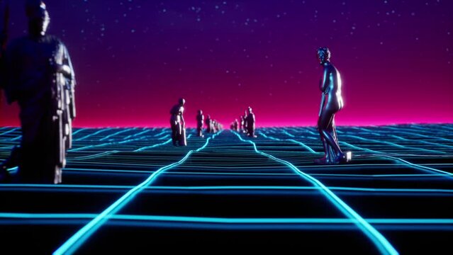 Futuristic retrowave vl loop 3d animation. Ancient sculptures on neon landscape