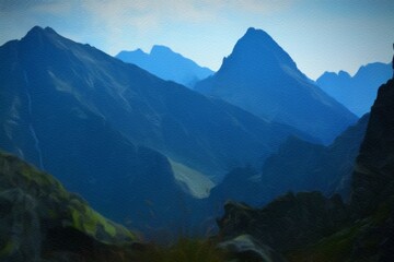 Naklejka premium Watercolor and oil painting nature landscape, famous travel and touristic place, outdoor vacation trend print for poster, paper, textile or canvas. Modern fine arts design wallpaper. Wall art drawing