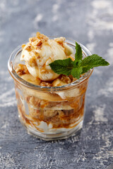 ice cream with fresh fruits and syrup