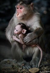 Monkey in Jungle. Emotions and actions of Monkey and baby. Beautiful wall paper background. Emotional message.