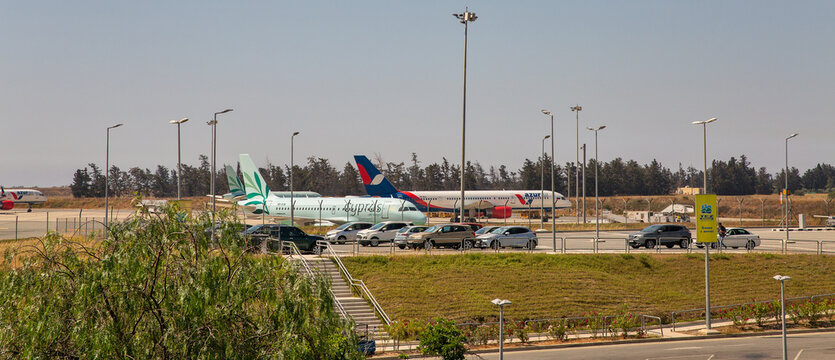 Cyprus Airways And Azur Air Airplanes In Larnaca Airport, Cyprus.