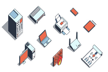 Isometric top view network diagram elements, office equipment and connection vector objects