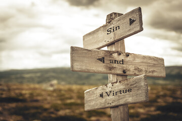 sin and virtue text quote written in wooden signpost outdoors in nature. Moody theme feeling. - obrazy, fototapety, plakaty