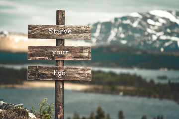 starve your ego text quote written on wooden signpost outdoors in nature with lake and mountain...