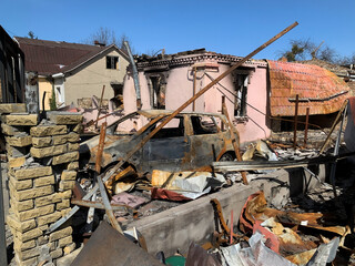 KYIV REGION, UKRAINE 01 April 2022: Irpin, Bucha, Dmitrivka. Atrocities of the russian army in the suburbs of Kyiv. Irpin. Houses of civilians destroyed by russian tanks. russia's war against Ukraine