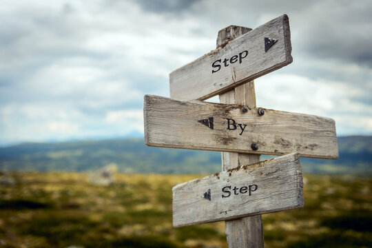 step by step text quote written in wooden signpost outdoors in nature. Moody theme feeling.