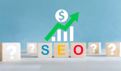 seo on cube arrows and graphs online marketing concept