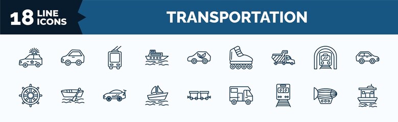 set of transportation web icons in outline style. thin line icons such as police car, ferry boat, haul, ship helm, pt boat, train front, dirigible, houseboat vector. - obrazy, fototapety, plakaty