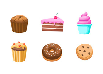 A set of sweets. Sweet pastries, cake, sweets, desserts. A collection of delicious, sweet bakery. Illustration in a cartoon flat style. Isolated on a white background