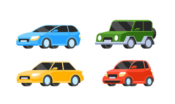 Cartoon Cars icons collection. Vector illustration in flat style. Cars and vehicles transport concept. Isolated on white background. Set of of different models of cars