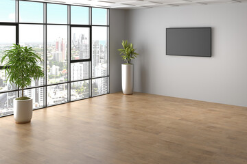 3D rendering .Empty office interior room with window and plant pot and photo frame 