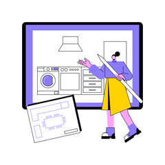 Custom made kitchens abstract concept vector illustration. Bespoke kitchen furniture design and installation, handcrafted cabinets, backsplash tile, design idea, modular size abstract metaphor.