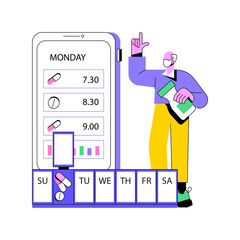 Smart pill boxes abstract concept vector illustration. App controlled medication tool, drug reminder device, set disease medication schedule, monitoring system smart technology abstract metaphor.