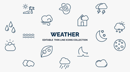 concept of weather web icons in outline style. thin line icons such as subtropical climate, thunderstorm, patchy fog, sprinkle weather, night, waxing moon, moonrise, rainy, cumulus vector. - obrazy, fototapety, plakaty